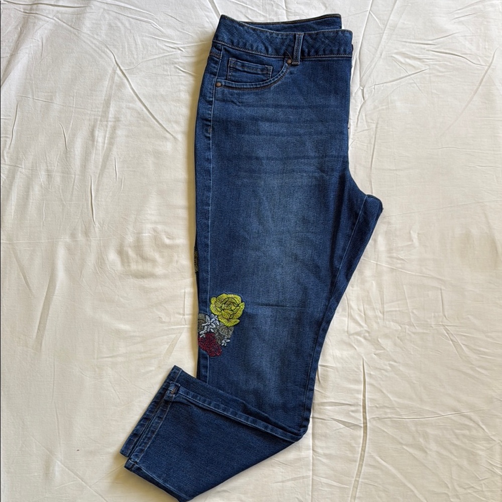 Women's Blue Jeans with Floral Embroidery